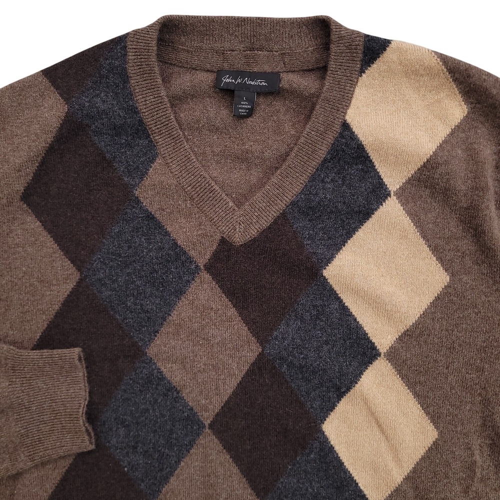 Nordstrom Sweater Mens Large 100% Cashmere Argyle Brown V Neck Pullover‎ JWN